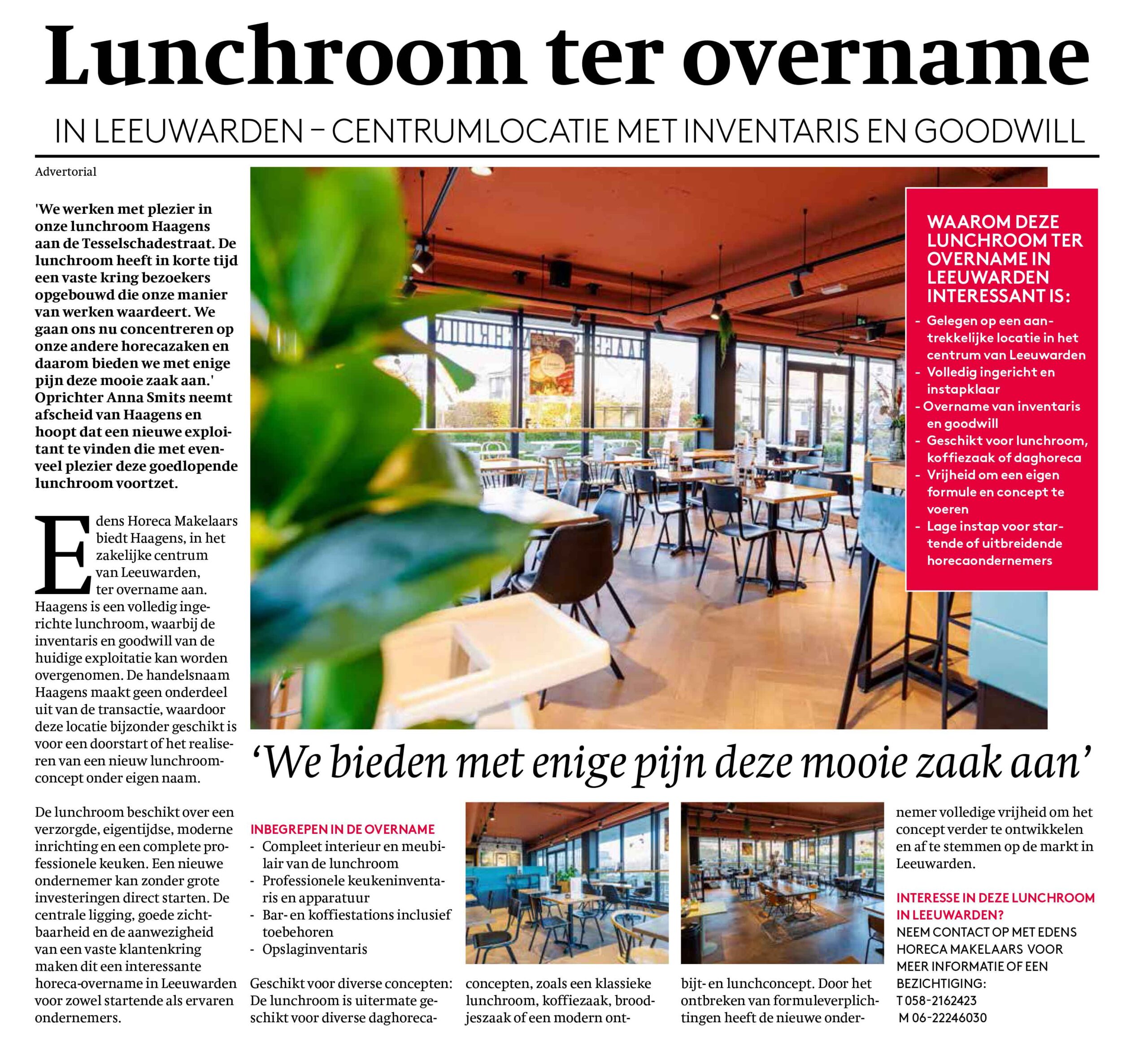 Lunchroom ter overname Lunchroom ter overname